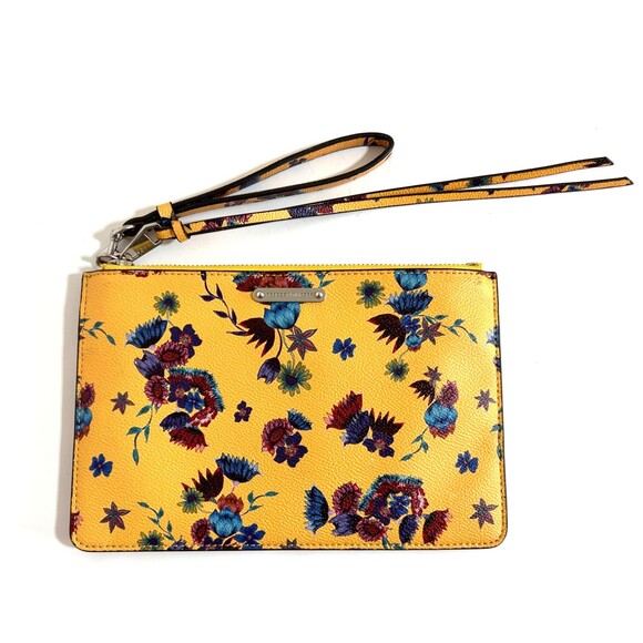 REBECCA MINKOFF Leather CLUTCH Yellow Blue Floral Wallet Credit Card Wristlet - Picture 2 of 11